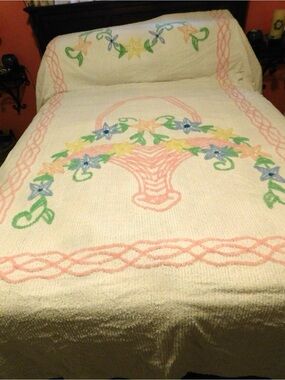Cream Floral Basket Chenille Throw with Pastel Pink Accents